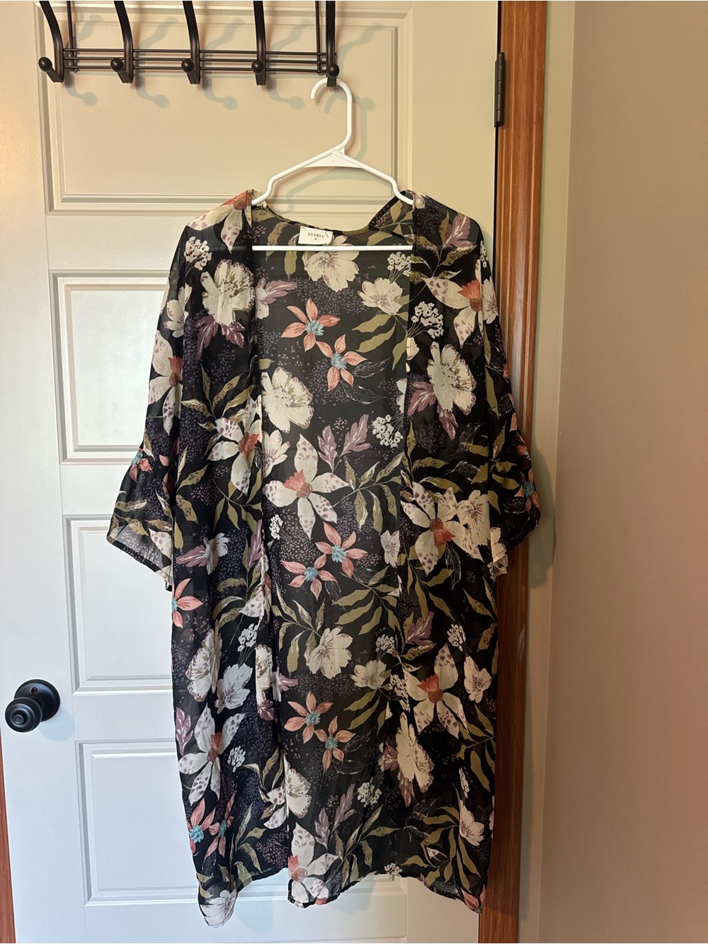 Everly Black Floral Sheer Kimono with Pink & Olive Accents